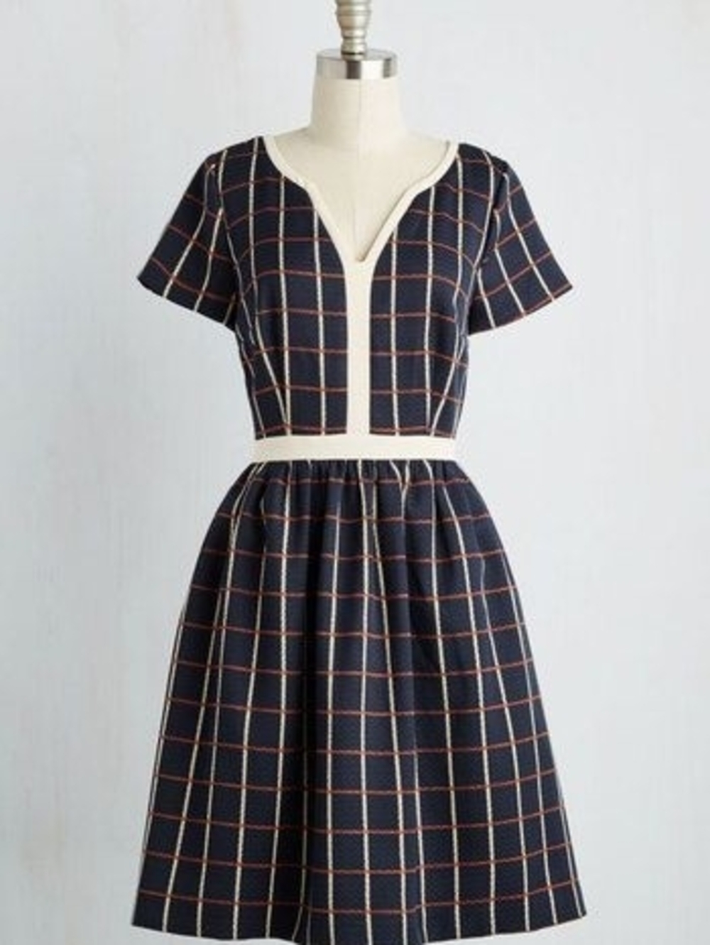 Modcloth Navy Windowpane Fit-and-Flare Dress with Cream Trim Size XL